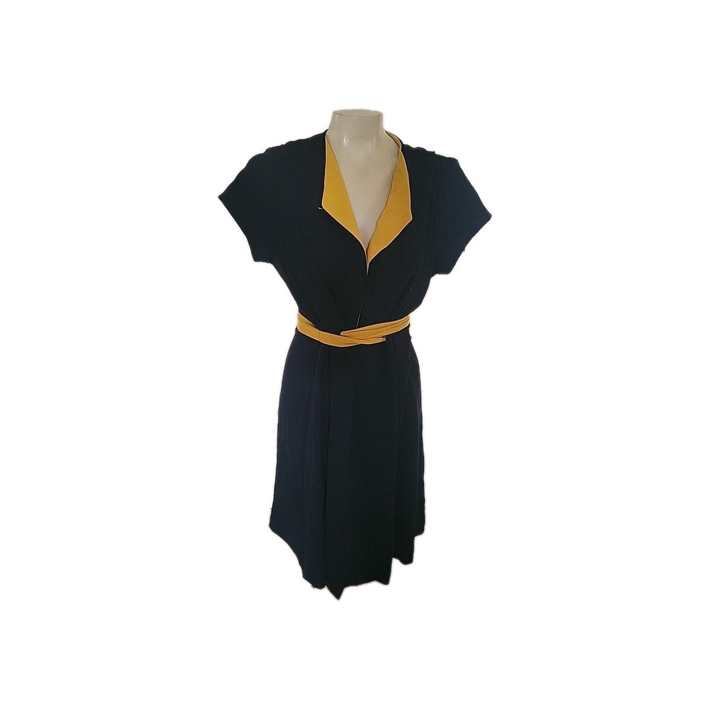 SHELBY PALMER‎ dress 16 Retro 50's PinUp Dress Navy Blue/yellow Accents Designer